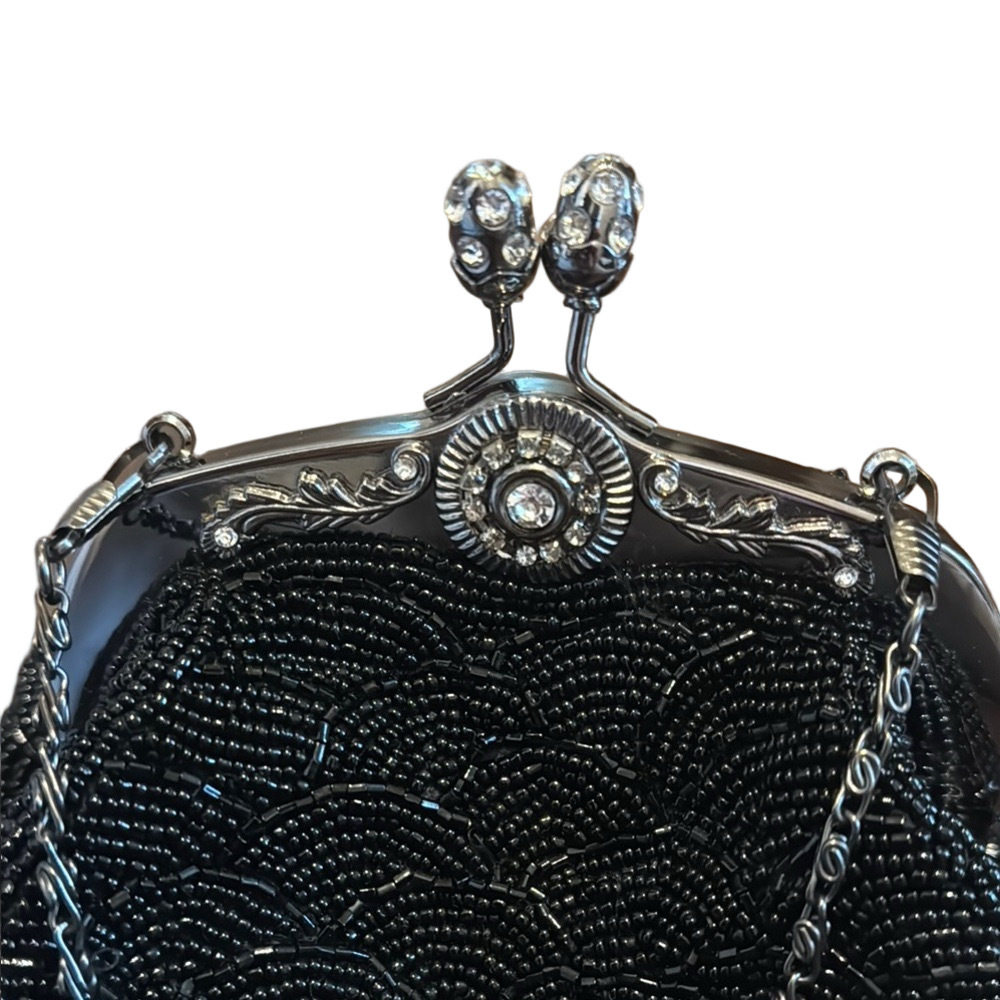Black and Silver Beaded Clutch with Ornate Clasp - Picture 2 of 5
